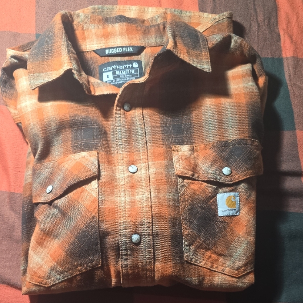 Carhartt Rugged Flex Orange and Dark Brown Plaid Shirt